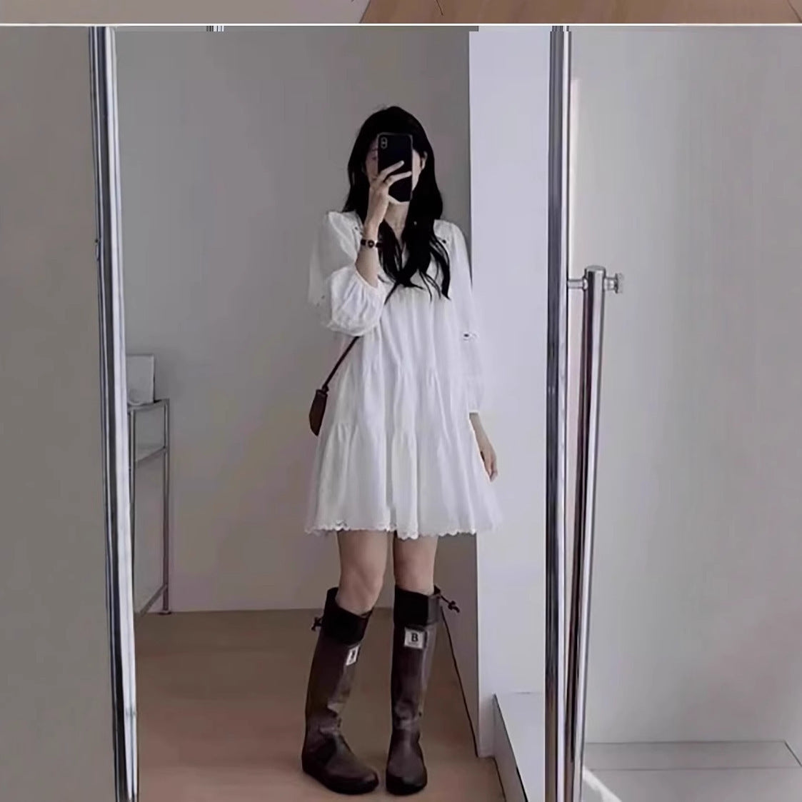 Sweet Lace - Cutout White Dress, Lantern - Sleeve Loose Age - Reducing Short Dress (Sizes S - XL)