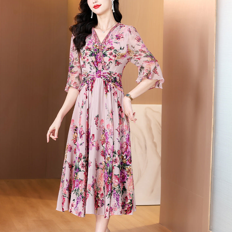 French Romantic Printed Dress, V - Neck Waist - Cinching Flared - Sleeve Midi Dress (Sizes S - XL)
