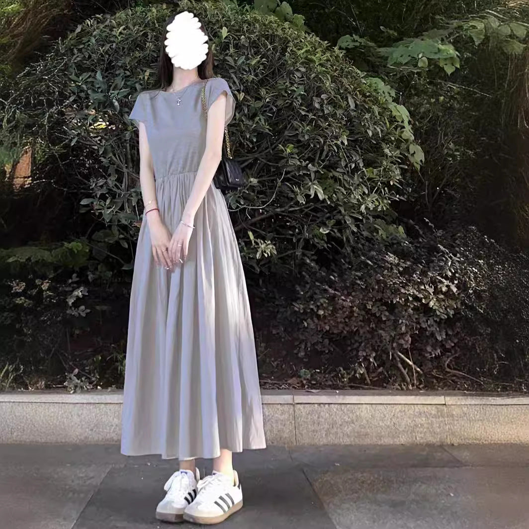 Simple Waist - Cinching Short - Sleeve Dress, Light Gray Elegant Maxi Dress with Large Hem (Sizes S - XL)