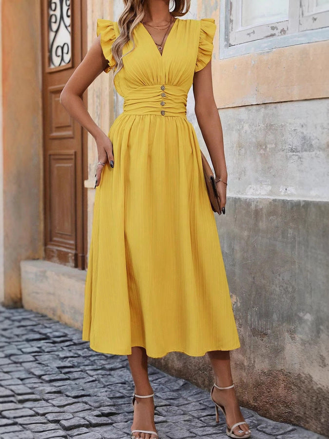 French Retro V - Neck Waist - Cinching Dress, Yellow Ruffle - Sleeve Midi Dress (Sizes S - XL)