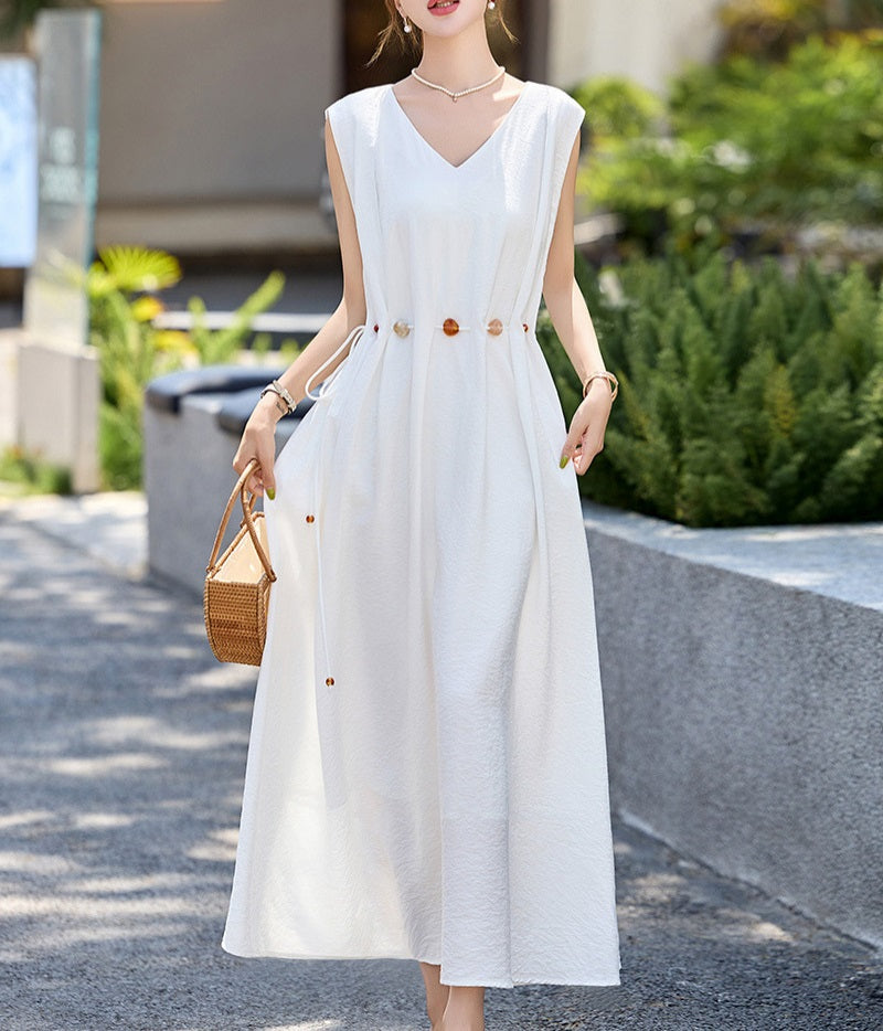 Sleeveless V - Neck White Waist - Cinching Dress, Resort - Style Loose and Slimming Maxi Dress (Sizes S - XL)