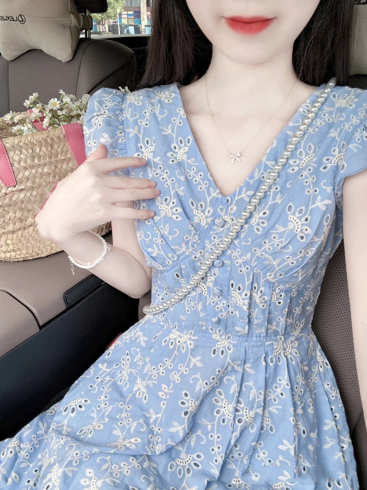 French Retro V - Neck Embroidered Dress, Puff - Sleeve Waist - Slimming Maxi Dress (Sizes S - XL)