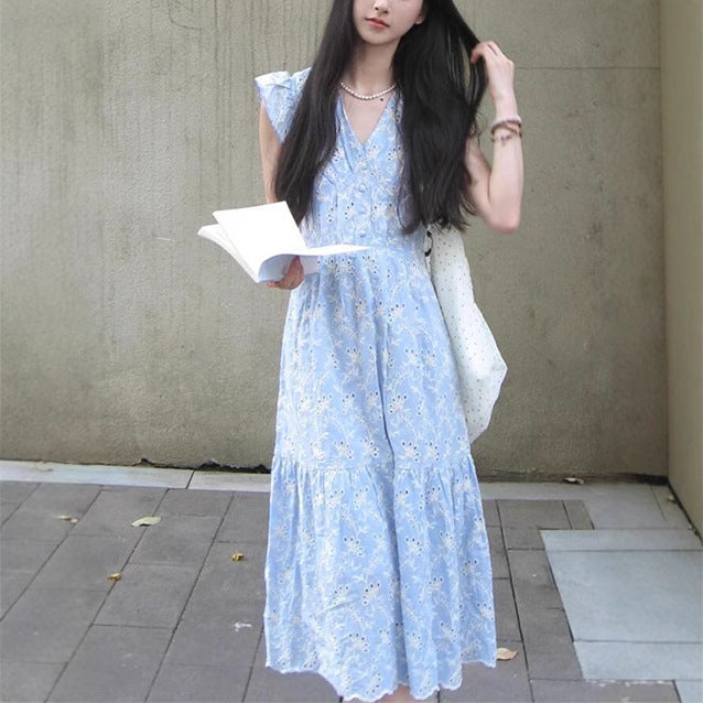 Fresh Blue - White Hollow - Out Embroidered Dress, Flutter - Sleeve V - Neck Waist - Cinching Maxi Dress (Sizes S - XL)