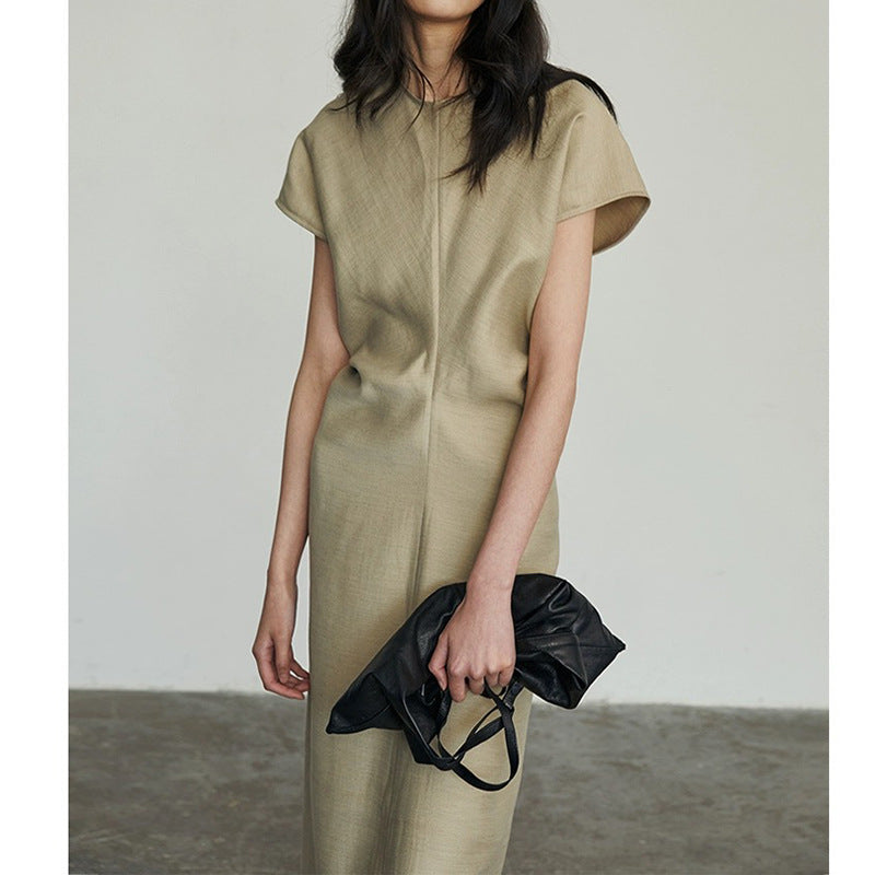 Minimalist Linen - Blended Dress, Khaki Short - Sleeve Long Straight Dress (Sizes S - XL)