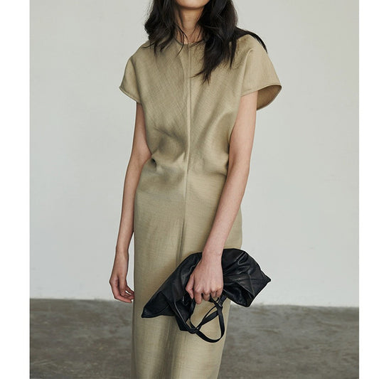 Minimalist Linen - Blended Dress, Khaki Short - Sleeve Long Straight Dress (Sizes S - XL)