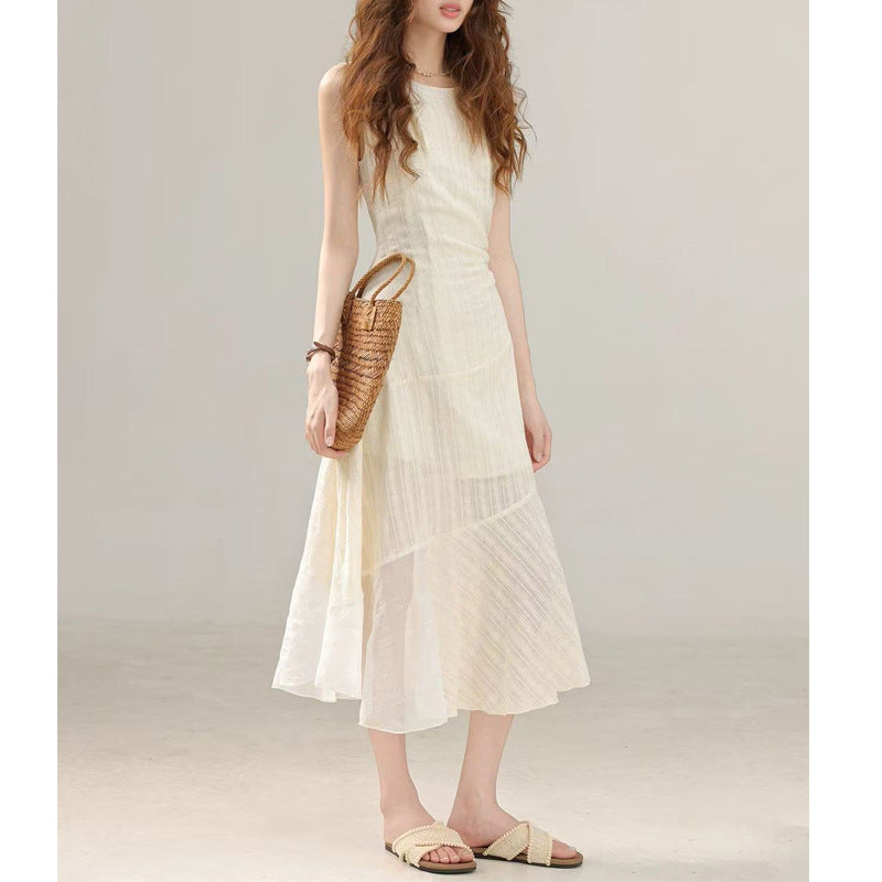 Literary Sleeveless Tie - Detailed Dress, Off - White Irregular Hem Maxi Dress (Sizes S - XL)