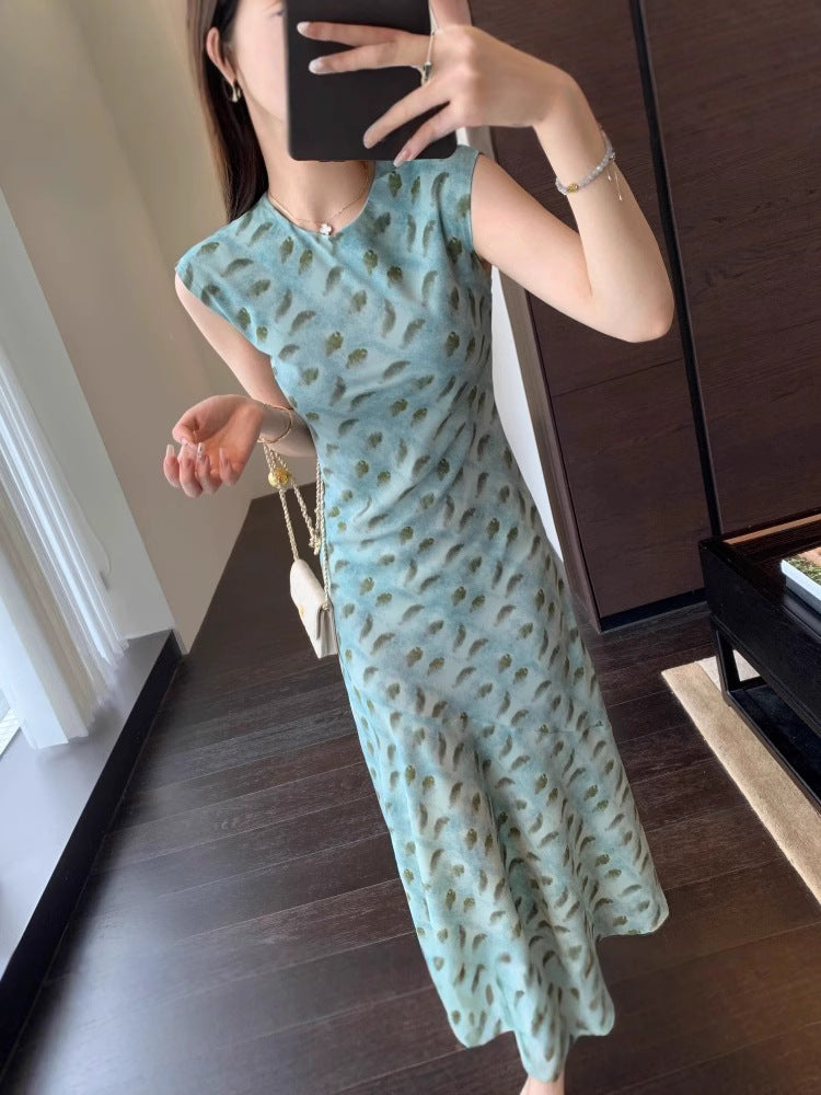 Elegant Printed Sleeveless Dress, Slim - Fitting Midi Retro Dress (Sizes S - XL)