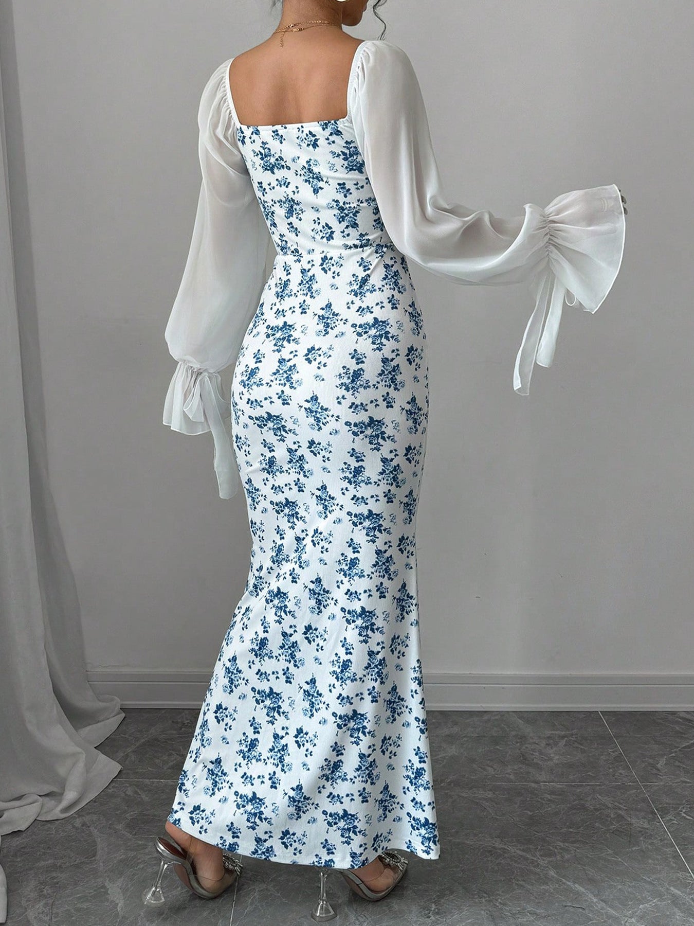 French Square Neck Floral Mermaid Dress, Chiffon - Sleeved Waist - Slimming Long - Length Dress (Sizes S - XL)