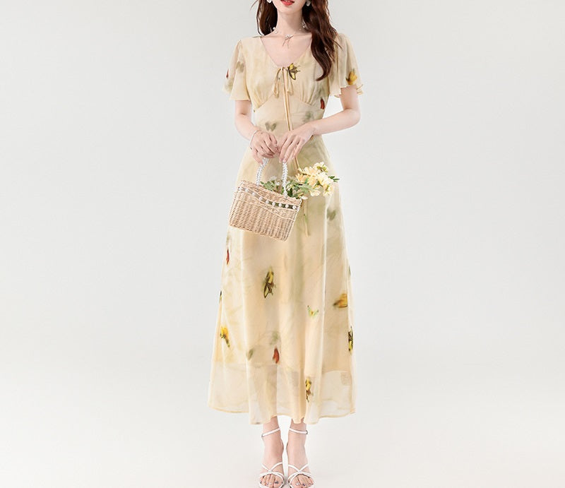 French Butterfly - Printed Chiffon Maxi Dress, Deep V - Neck Tie - Up Waist Fairy Dress (Sizes S - XL)